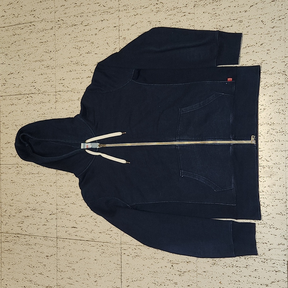 Levi's Jeans Full Zip Dark Navy Blue Hoodie Sweater with White Drawstraings